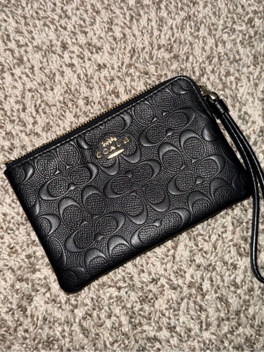 Coach Black Embossed Leather Wristlet with Gold Logo